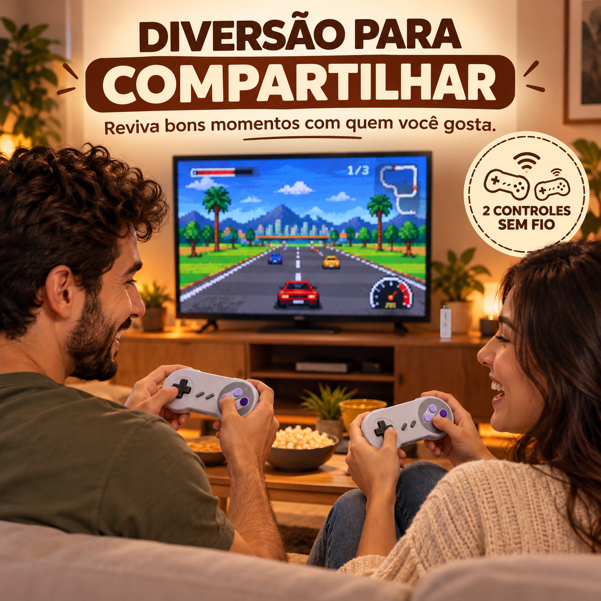 Casal jogando com dois controles sem fio