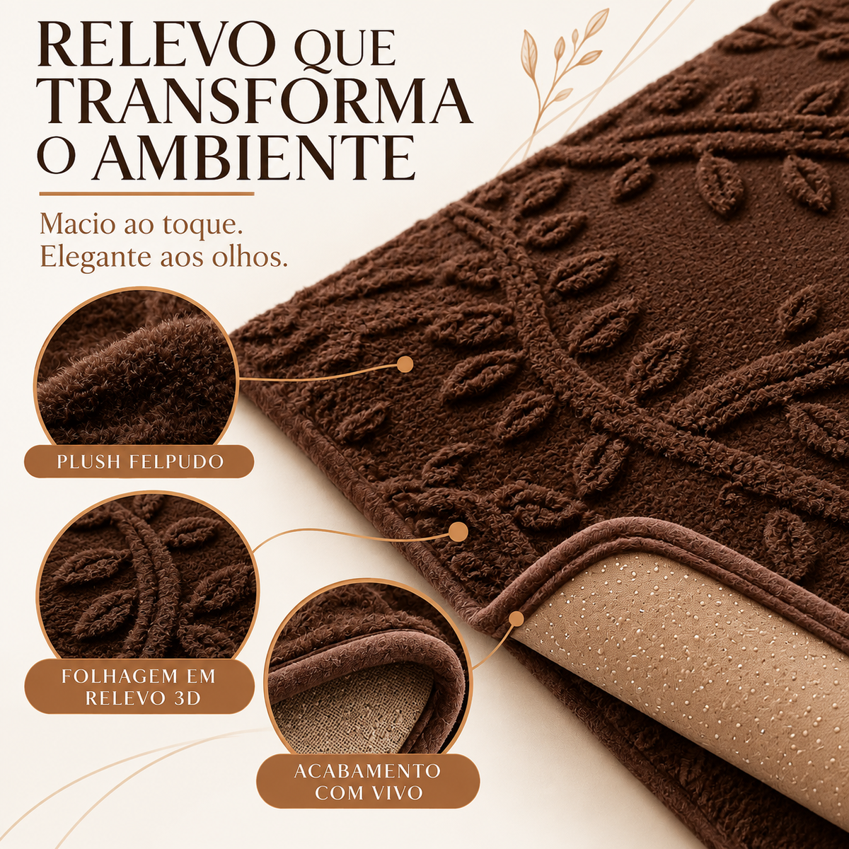Detalhes do plush felpudo e do relevo de folhagens Casaro Folhagem