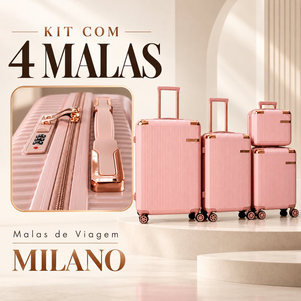 Kit de 4 Malas Milano™ em ABS Reforçado com Giro 360° e Design Antirrisco