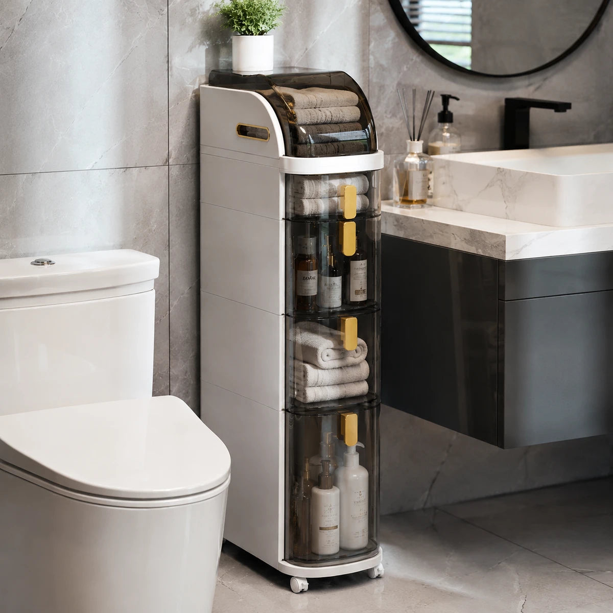 Armário Organizador Slim para Banheiro com Rodízios + Brinde: Kit de Toalhas Premium