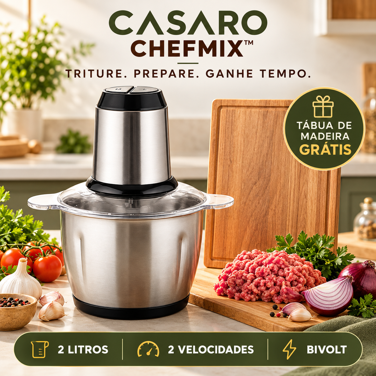 Casaro ChefMix triturador elétrico 2L com tábua de madeira grátis