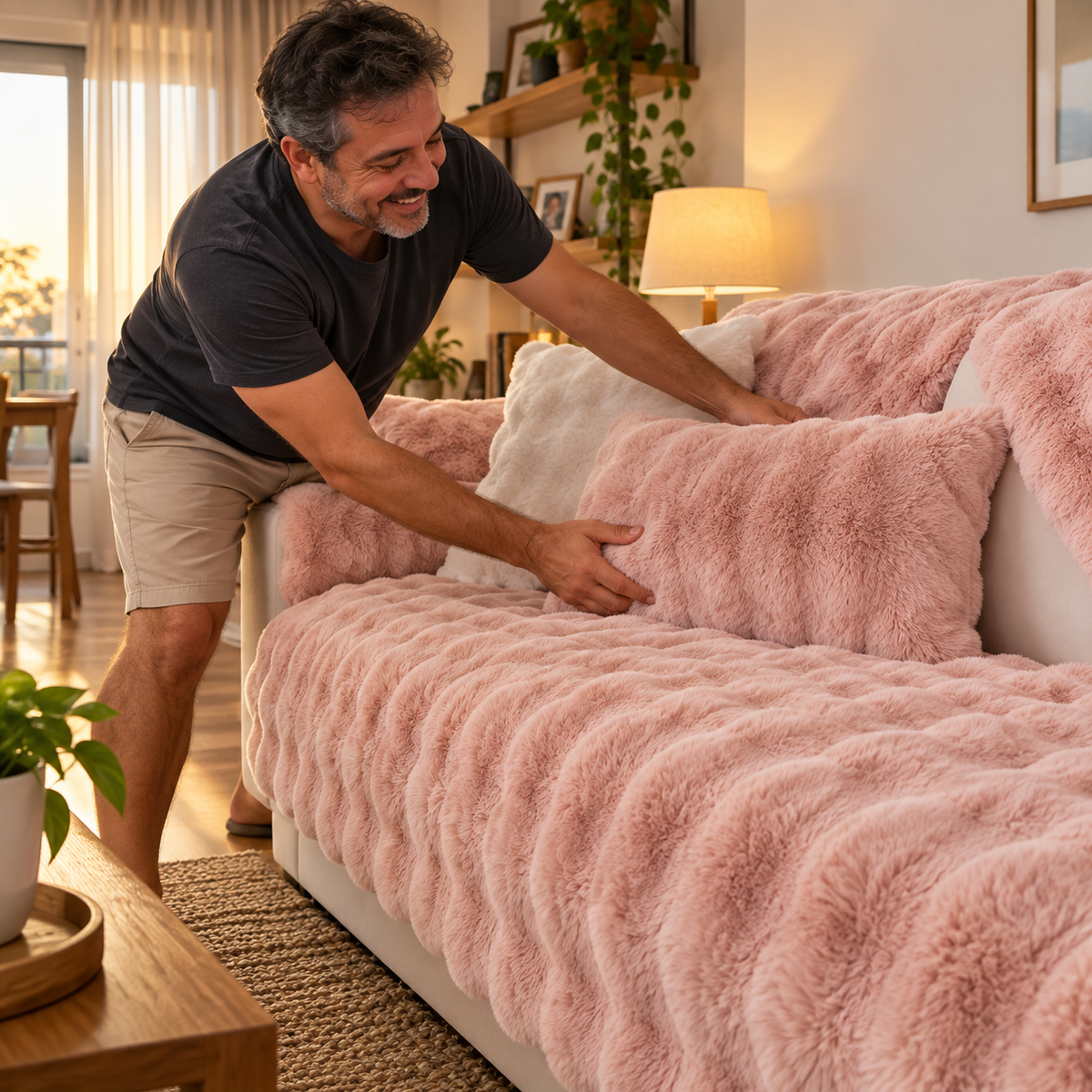 Cliente usando a capa Casaro Velure rosa em sua sala