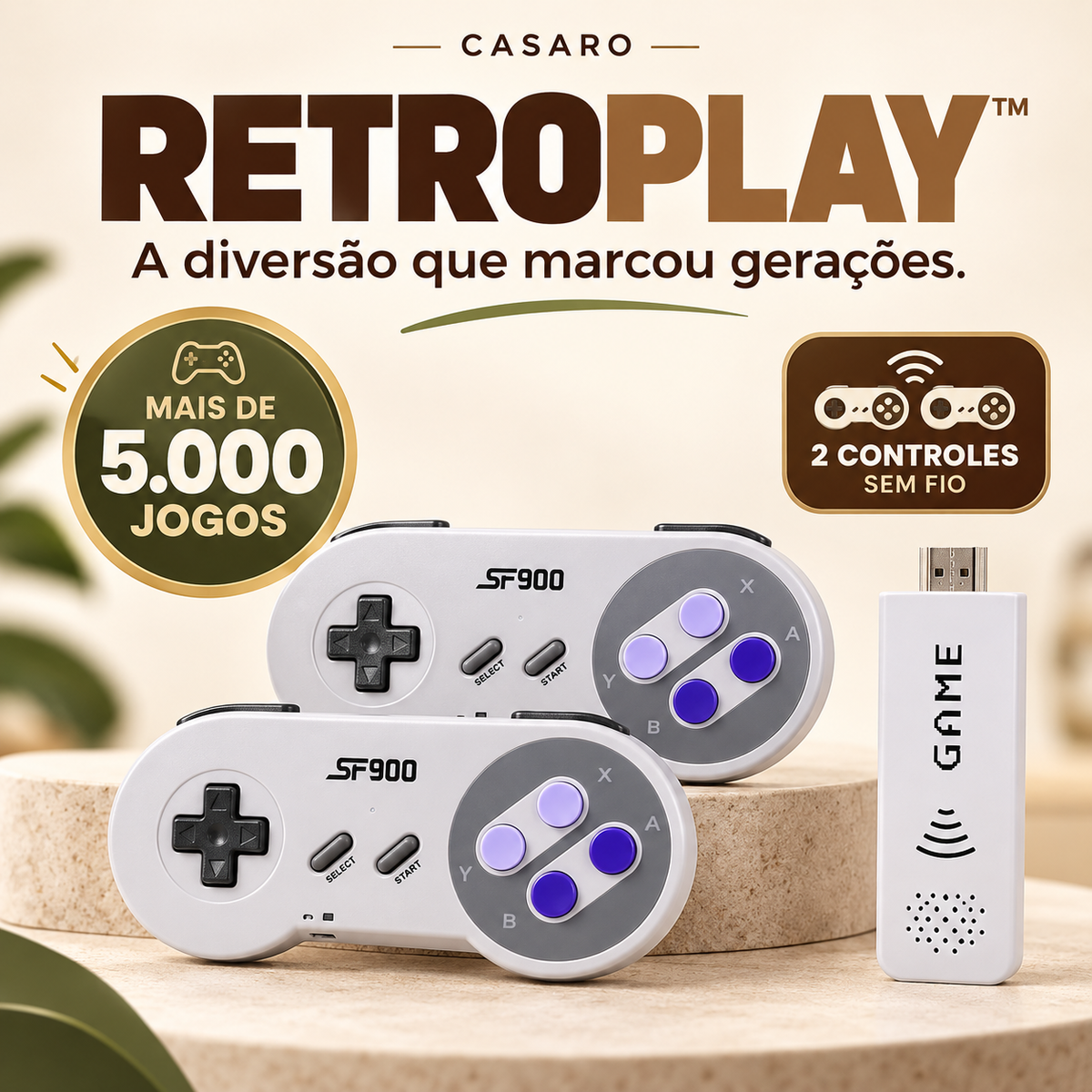 Casaro RetroPlay com mais de 5.000 jogos e 2 controles sem fio