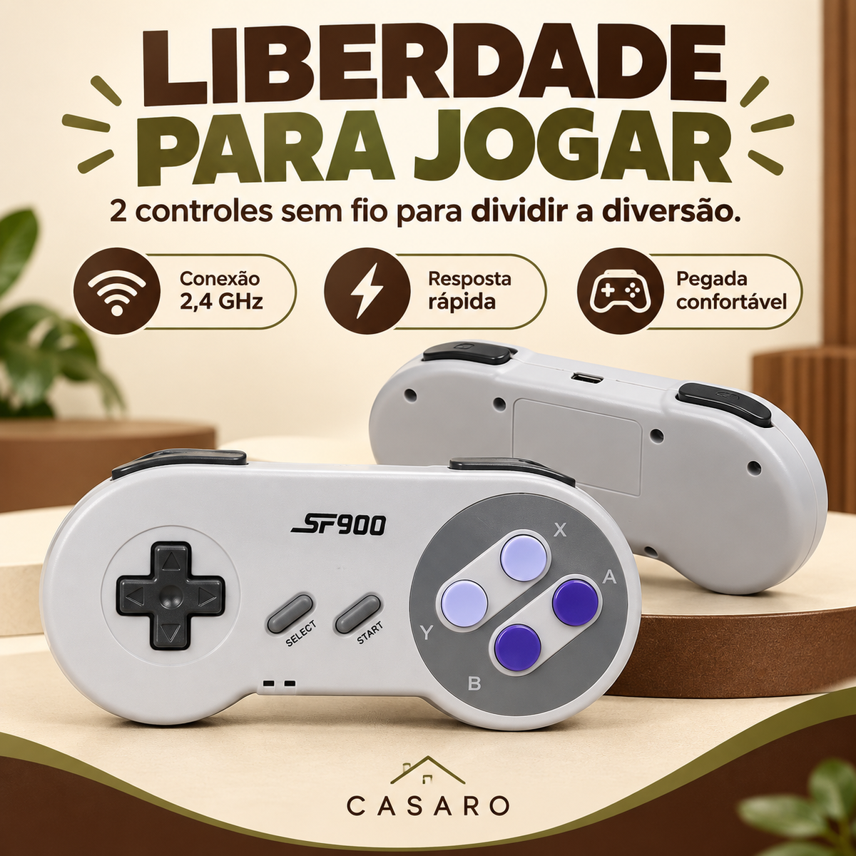 Dois controles sem fio com conexão 2,4 GHz