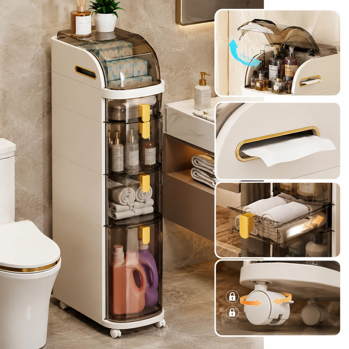 Armário Organizador Slim para Banheiro com Rodízios + Brinde: Kit de Toalhas Premium