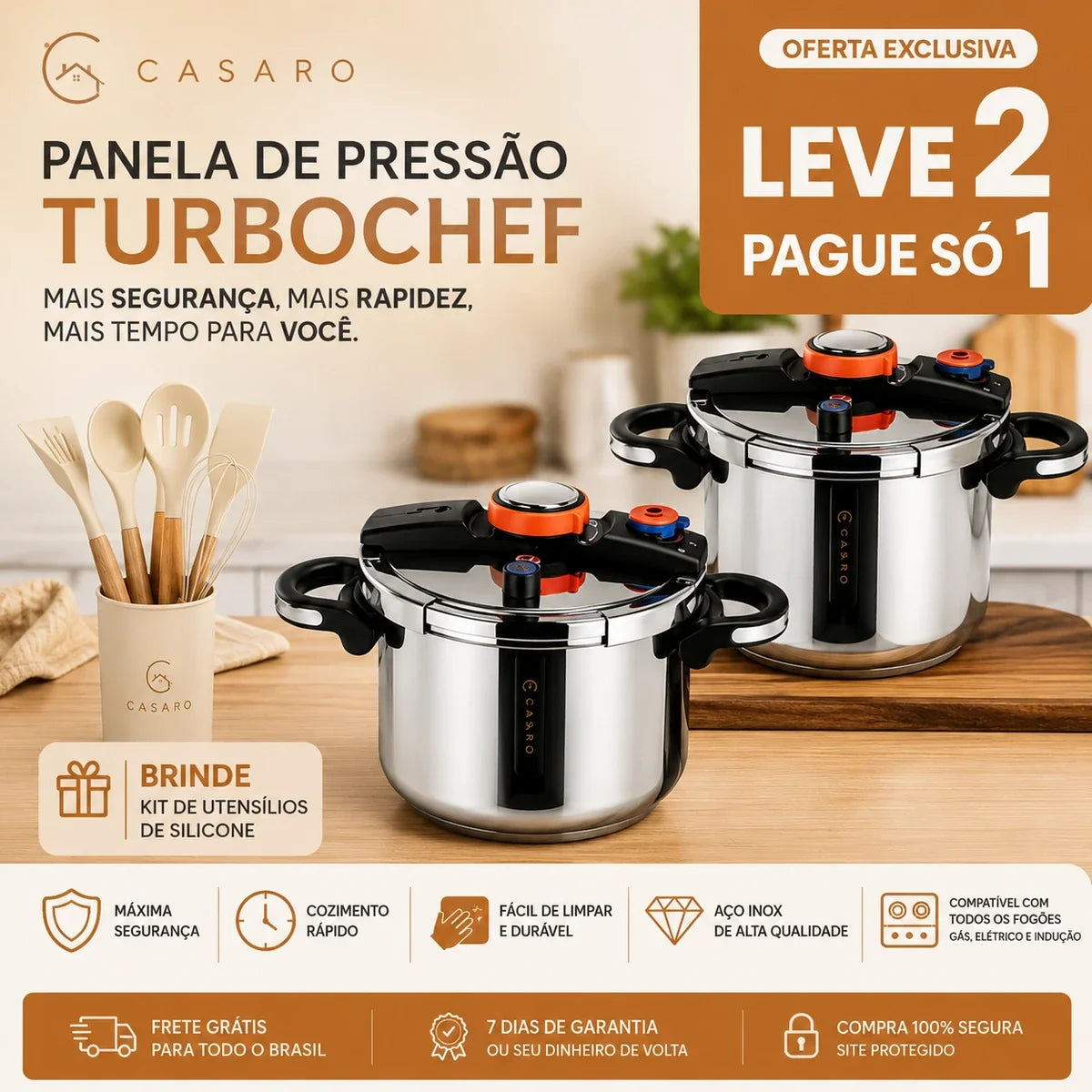 [Compre 1 e Leve 2] Panela de Pressão Turbo de Aço Inoxidável + Brinde: Kit de Utensílios