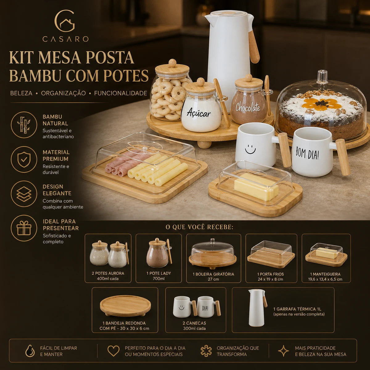 Kit Mesa Posta Bambu com Potes - Elegância e Sofisticação em cada peça