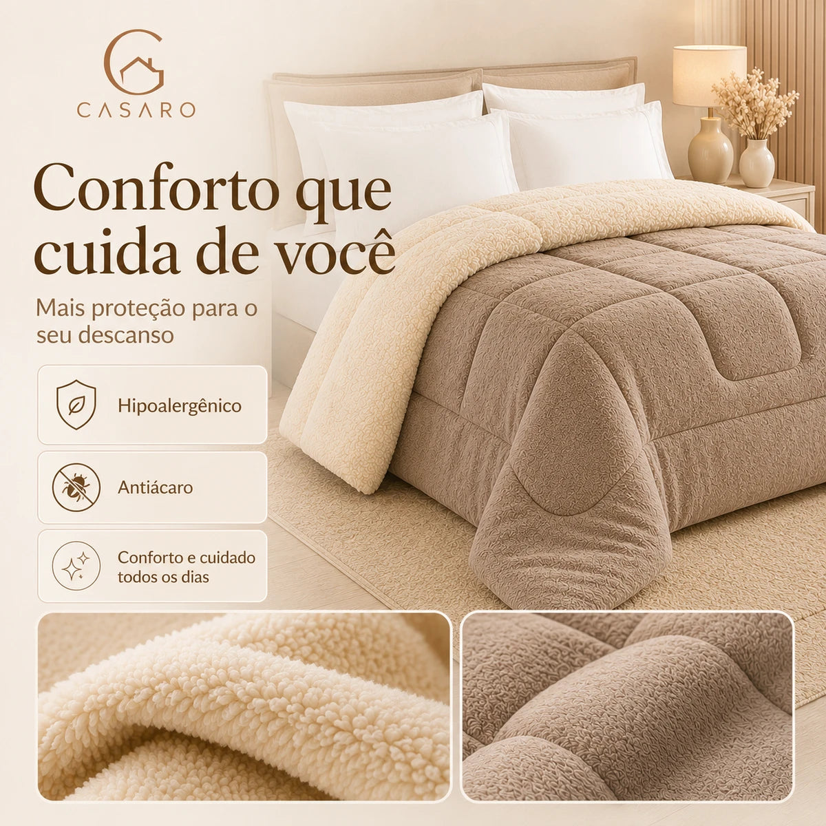[COMPRE 1, LEVE 3] Coberdrom Casal Sherpa - Edredom Premium Algodão Turco e pele de Carneiro