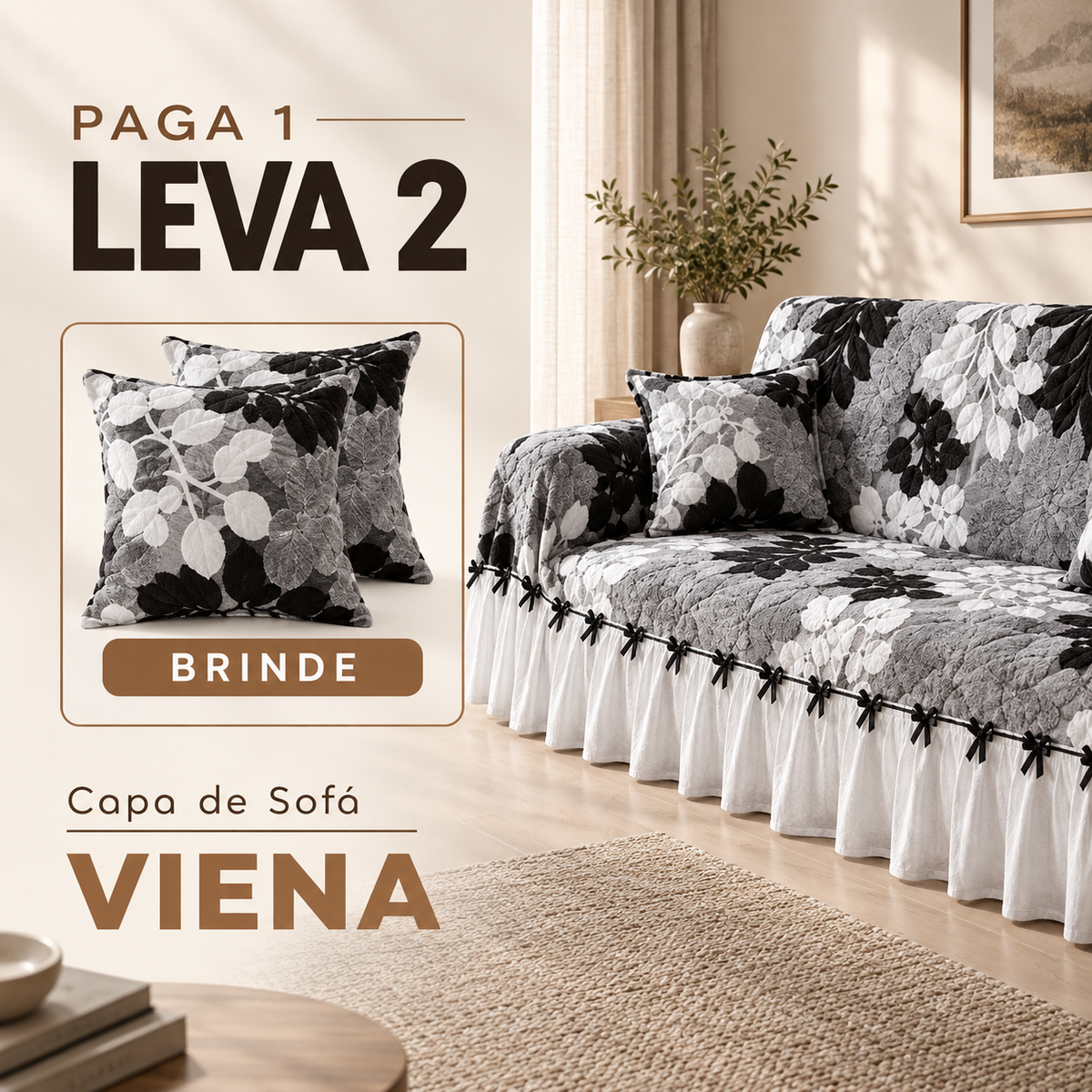 [LEVE 2 PAGUE 1] Capa de Sofá Viena em 100% Algodão e Saias Bordadas + 2 Almofadas Inclusas