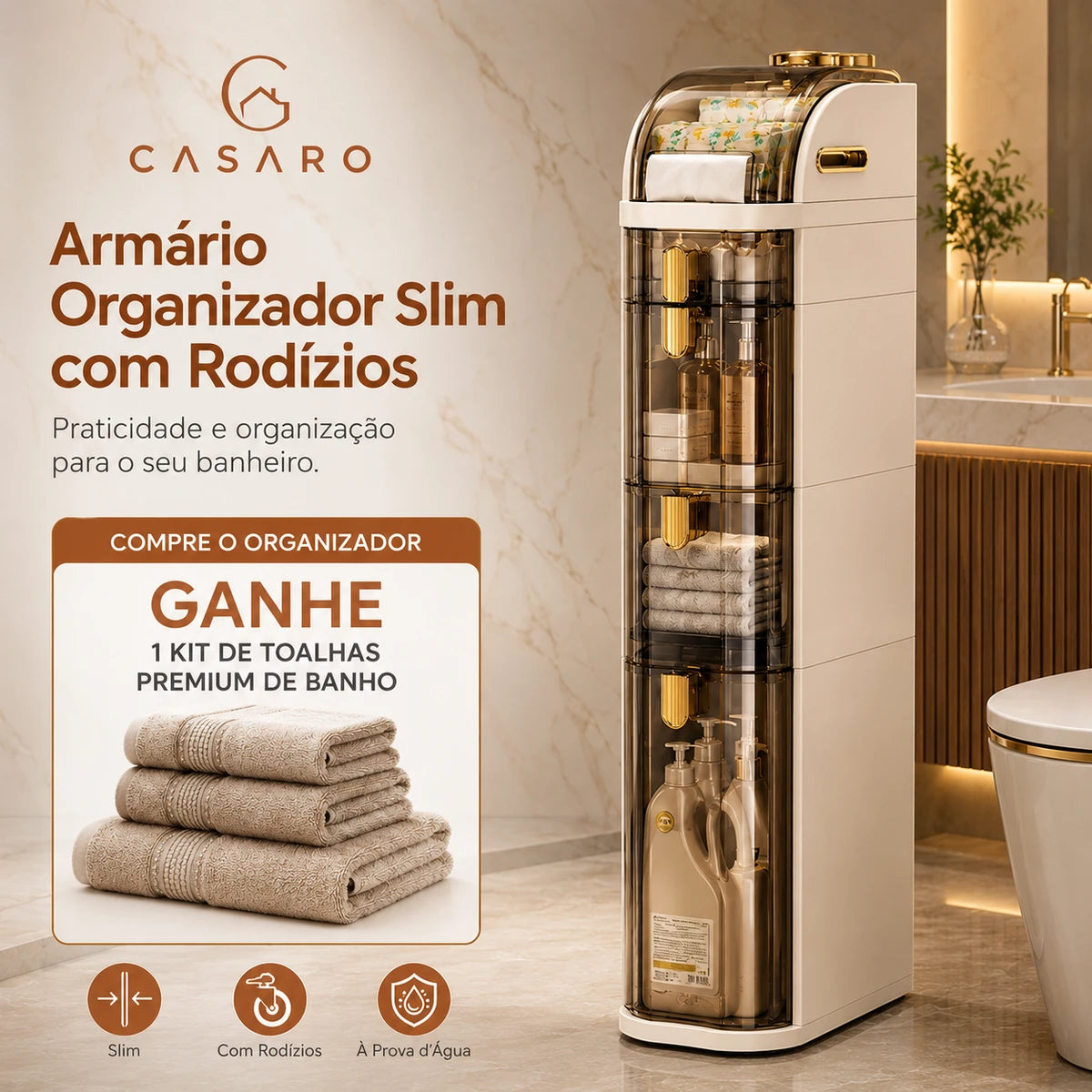 Armário Organizador Slim para Banheiro com Rodízios + Brinde: Kit de Toalhas Premium