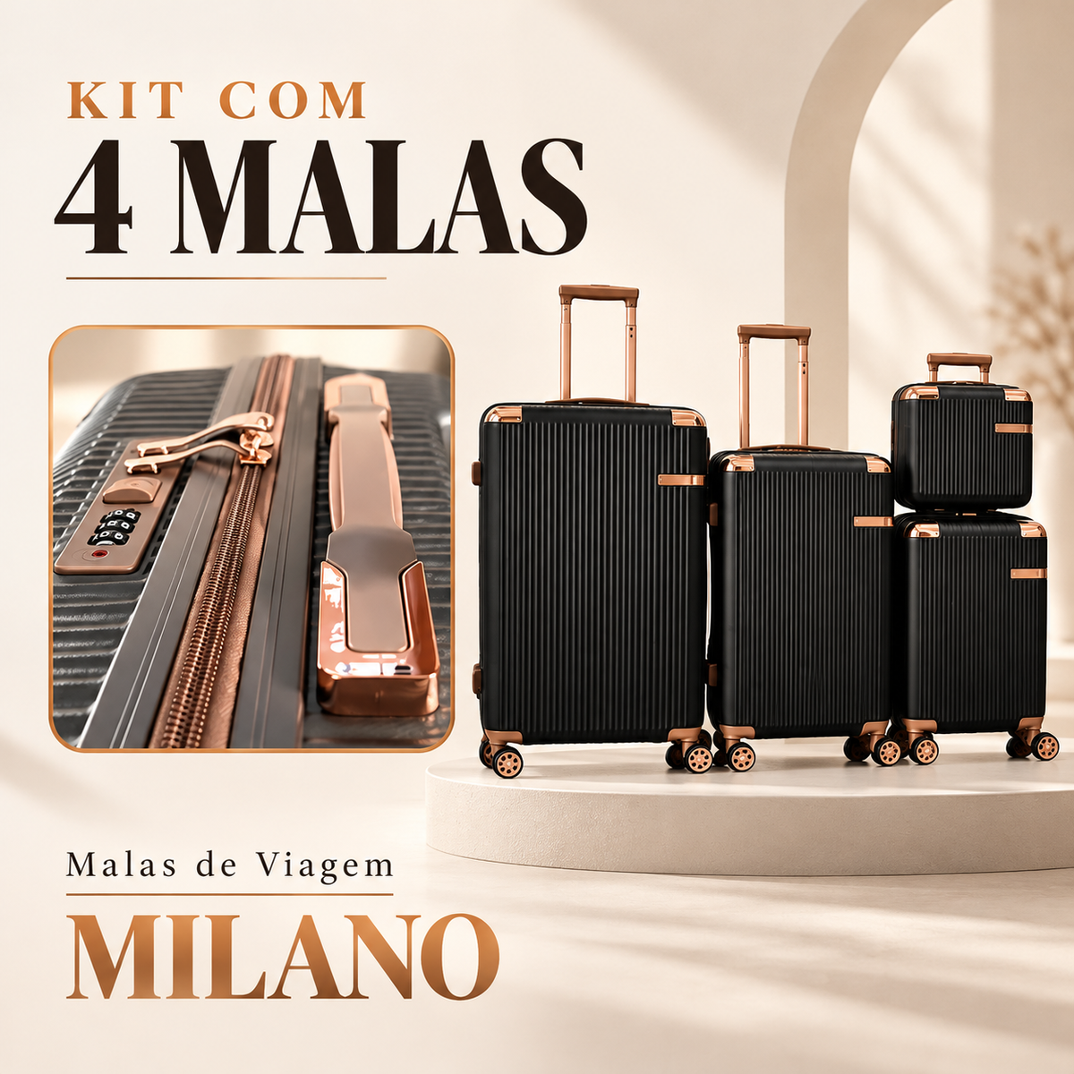 Kit de 4 Malas Milano™ em ABS Reforçado com Giro 360° e Design Antirrisco