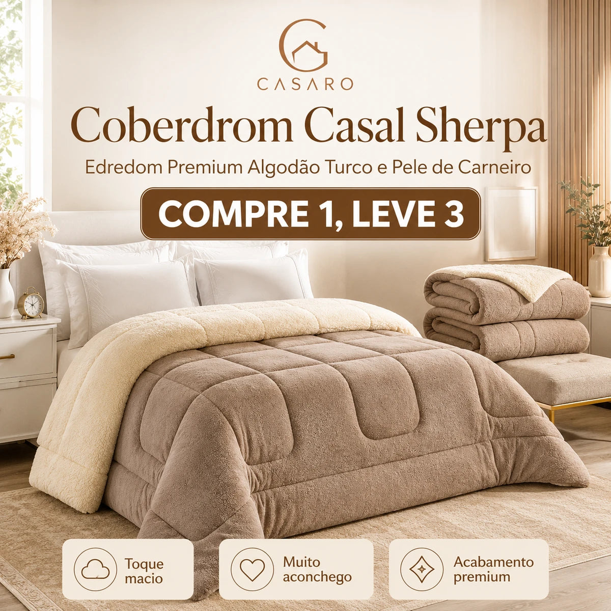 [COMPRE 1, LEVE 3] Coberdrom Casal Sherpa - Edredom Premium Algodão Turco e pele de Carneiro