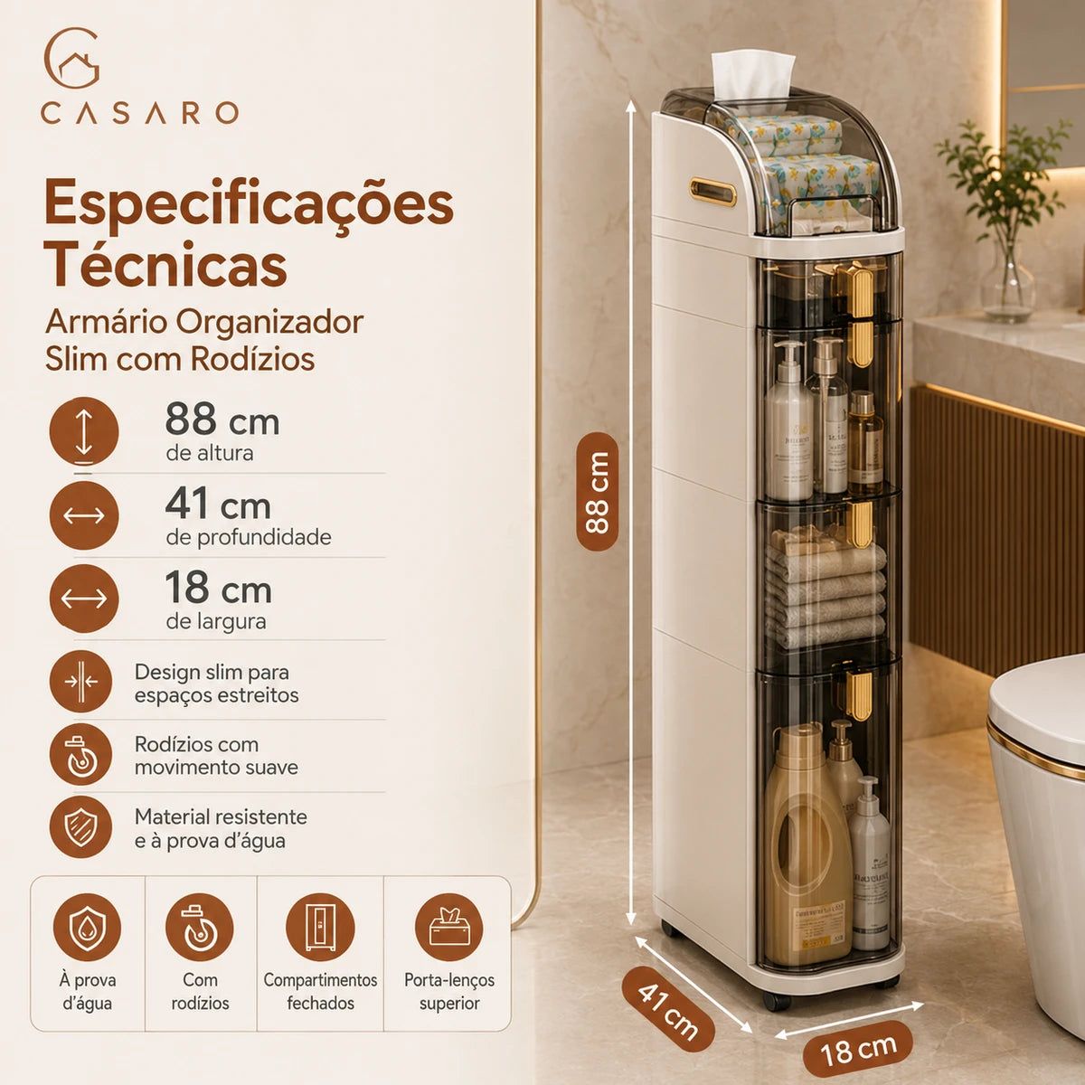 Armário Organizador Slim para Banheiro com Rodízios + Brinde: Kit de Toalhas Premium
