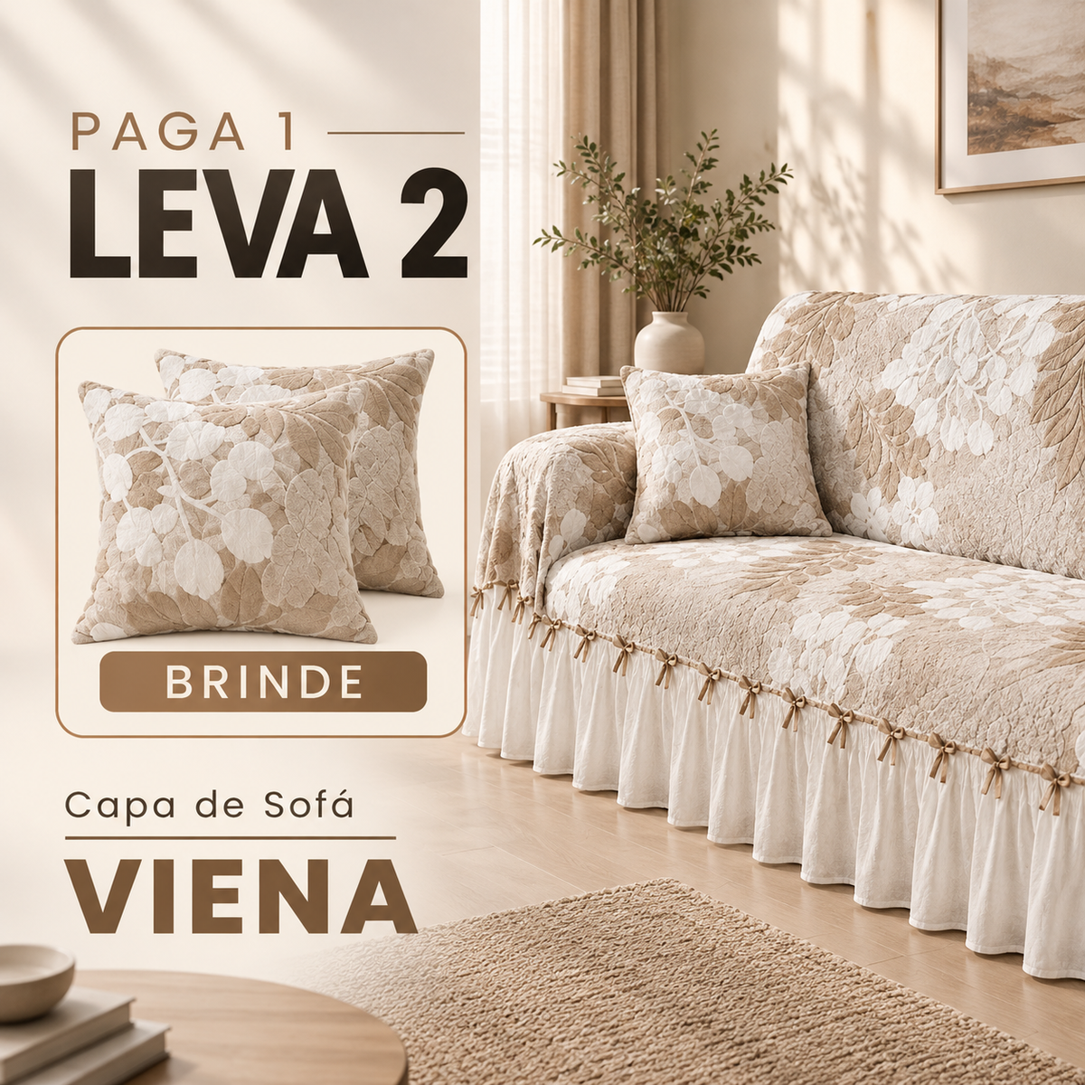 [LEVE 2 PAGUE 1] Capa de Sofá Viena em 100% Algodão e Saias Bordadas + 2 Almofadas Inclusas