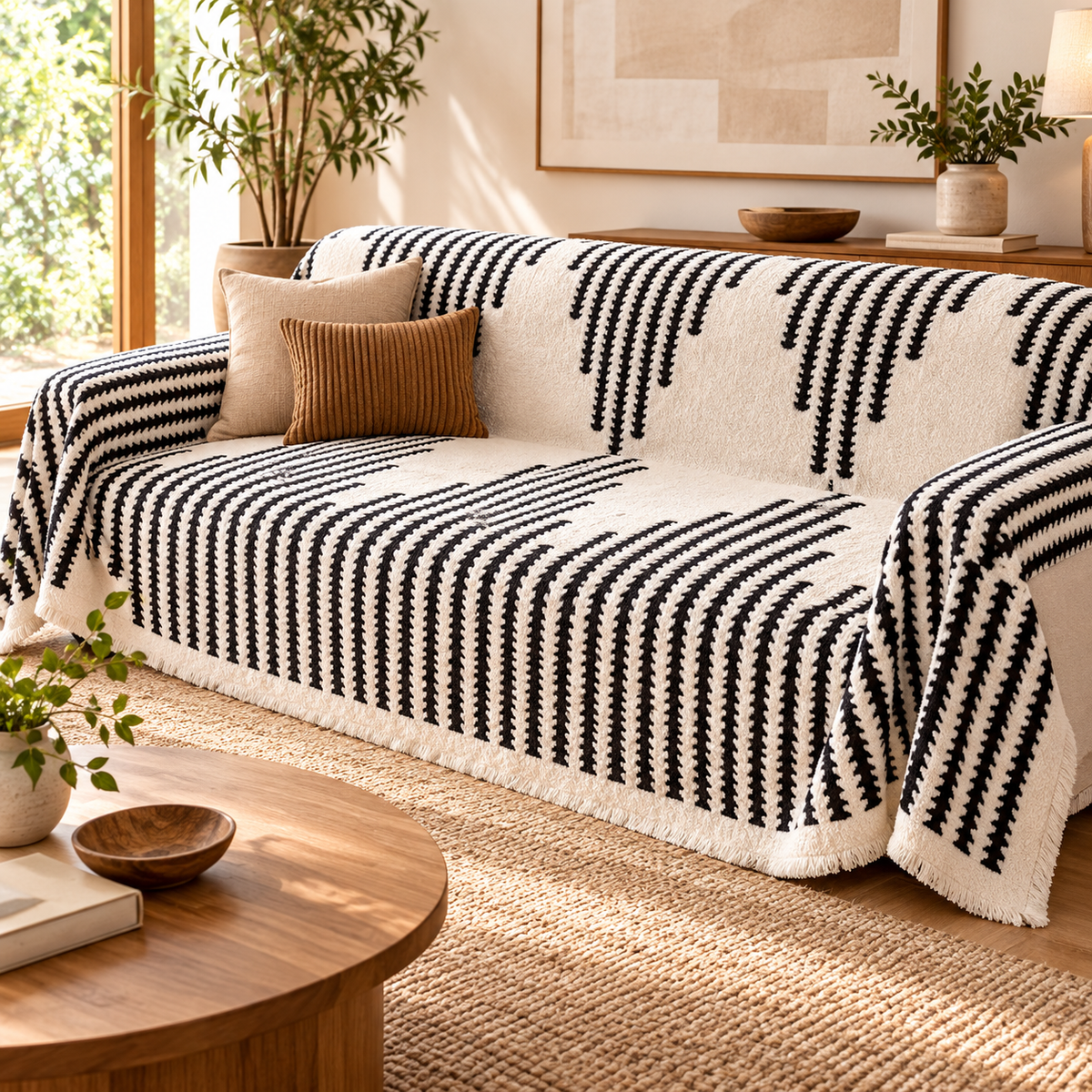 Casaro LineaGuard off-white com listras pretas em sala contemporânea