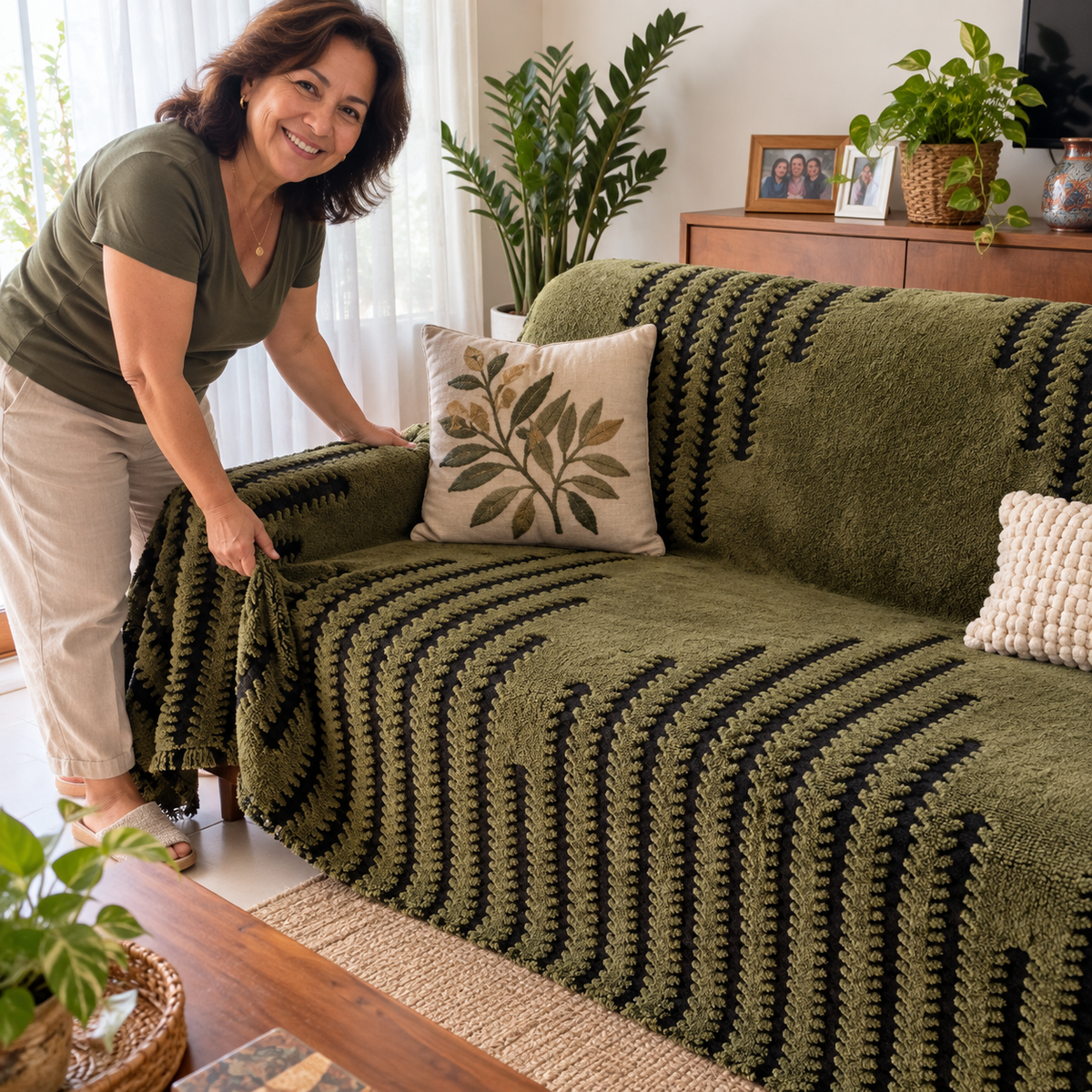 Cliente satisfeita ajustando a capa Casaro LineaGuard verde oliva
