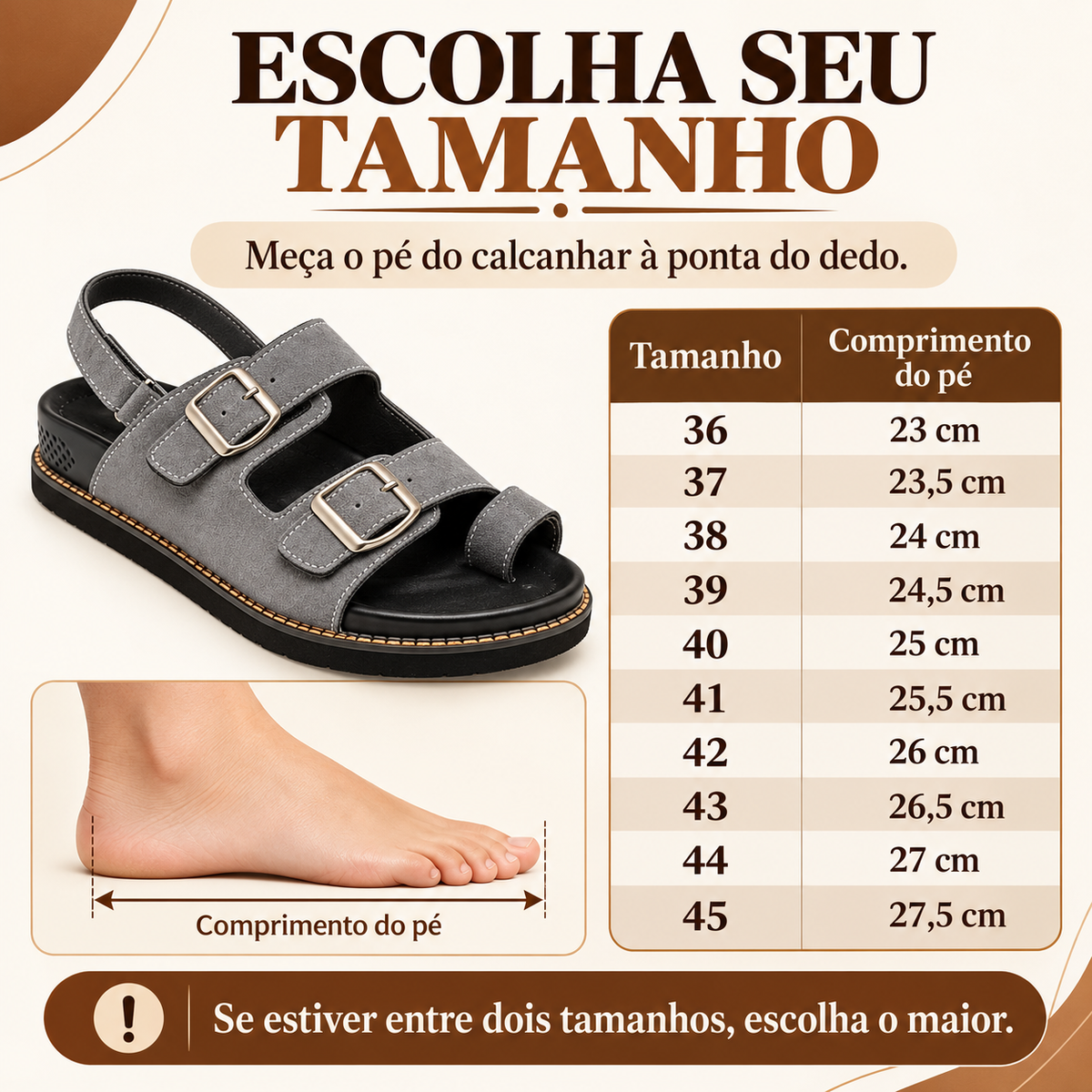 Guia de tamanhos da sandália Casaro Alinha