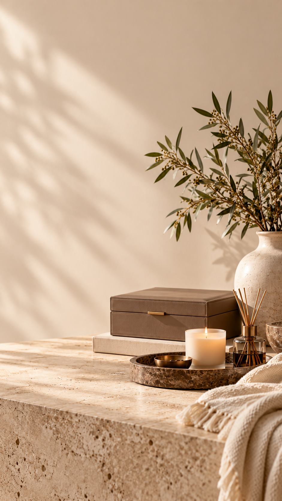 Composição Casaro com objetos decorativos, vela e vaso em tons neutros quentes, versão mobile