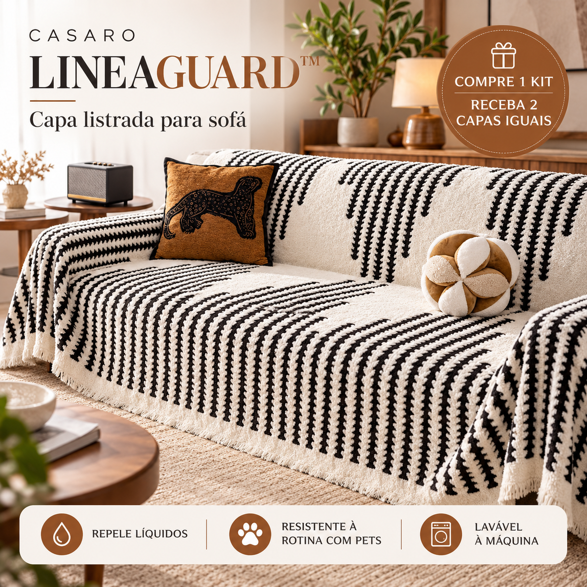 Casaro LineaGuard capa listrada para sofá, oferta compre 1 kit e receba 2 capas iguais