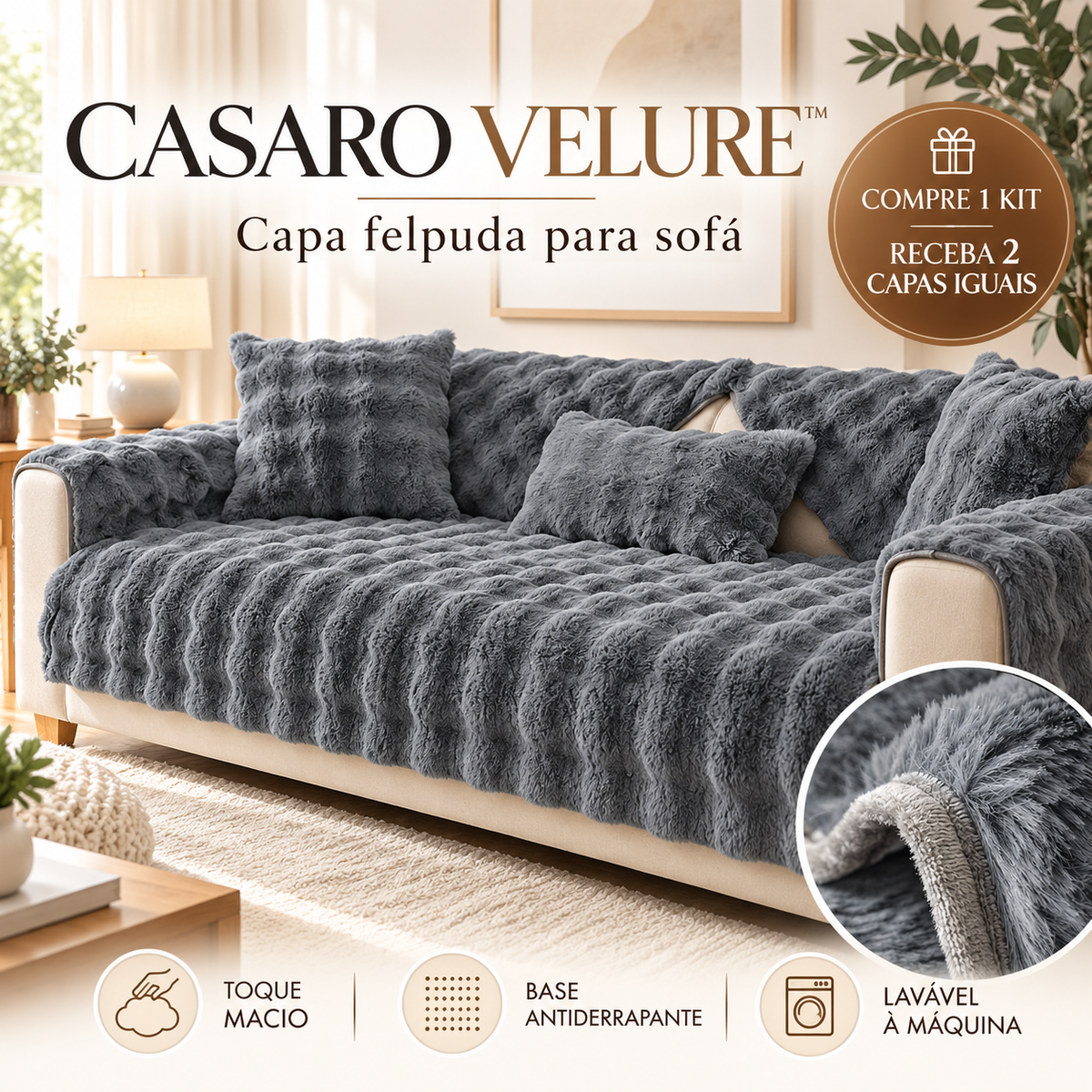 Casaro Velure capa felpuda para sofá — compre um kit e receba duas capas