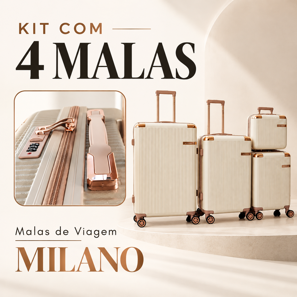 Kit de 4 Malas Milano™ em ABS Reforçado com Giro 360° e Design Antirrisco
