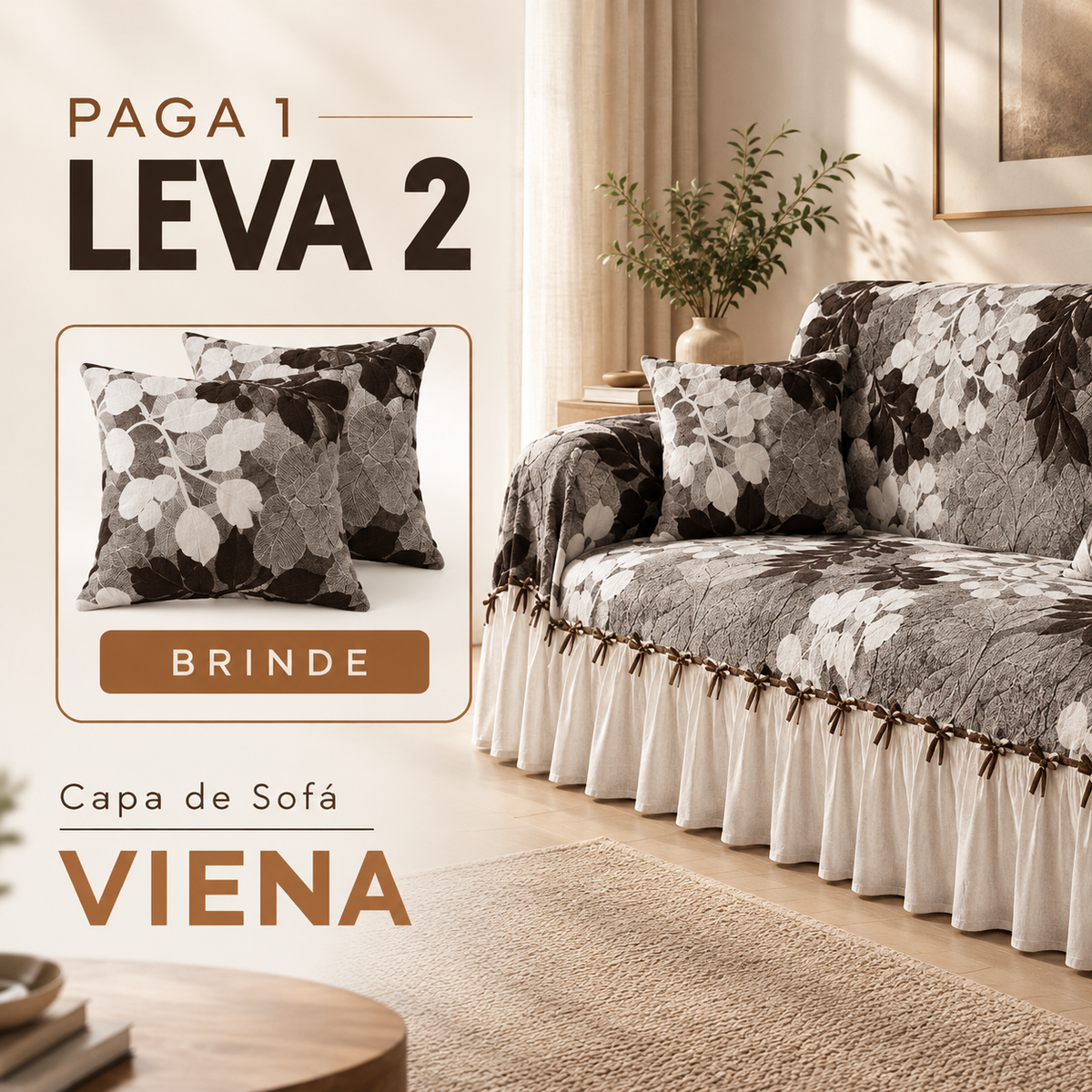 [LEVE 2 PAGUE 1] Capa de Sofá Viena em 100% Algodão e Saias Bordadas + 2 Almofadas Inclusas